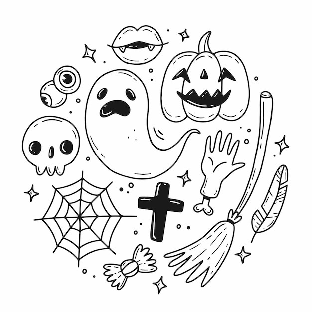 Vektor set von doodle halloween in form eines kreises vektor-illustration mit isolierten elementen