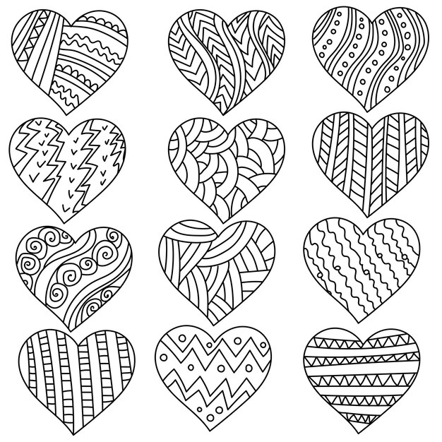 Set von doodle-herzen mit mustern anti-stress-malseite mit kontur-zen-valentinsgrüßen zum valentinstag