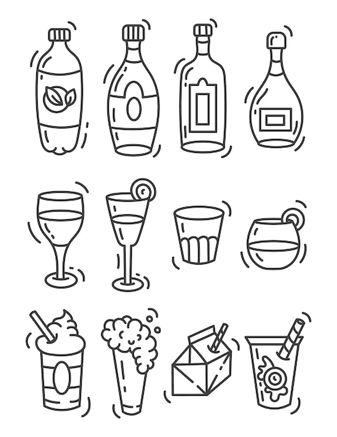 Set von doodle-illustrationen, ikonen von flaschen und tassen mit getränken