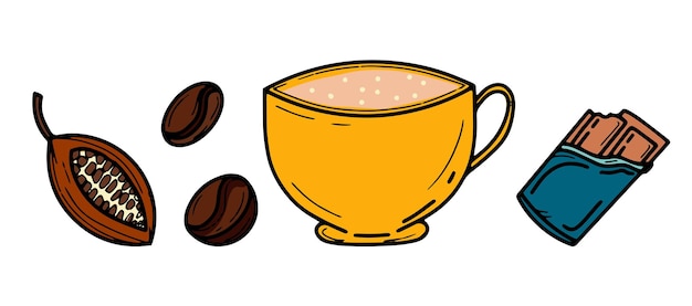Set von doodle-zeichnungscafés und cafés, kaffee, süßigkeiten und gebäck
