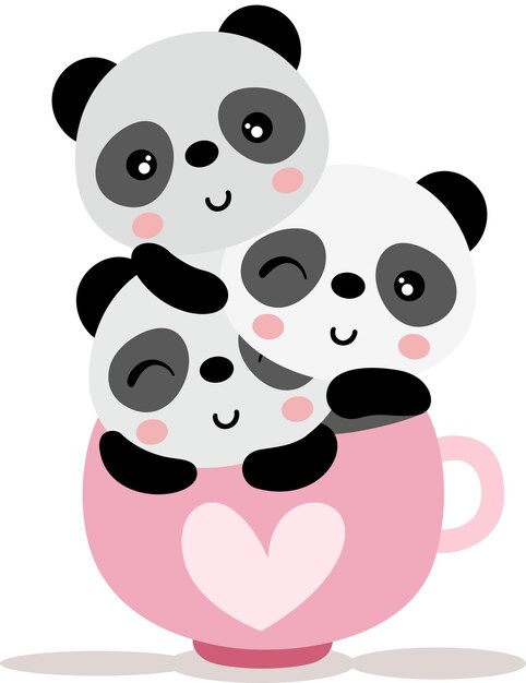 Set von drei niedlichen Pandas in einer Teetasse