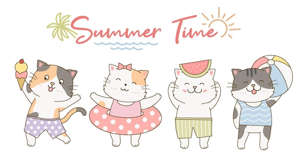 Vektor set von einfachen niedlichen katzen cartoon doodle handgezeichneten stil mit fröhlicher sommerbündelkollektion