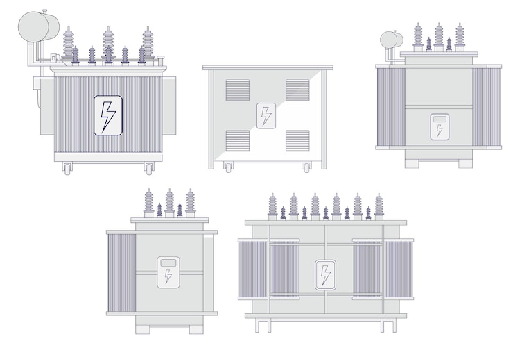 Vektor set von elektrischen transformatoren oder elektrischen hochspannungsliniensymbolen oder türmen für hochspannungsmasten
