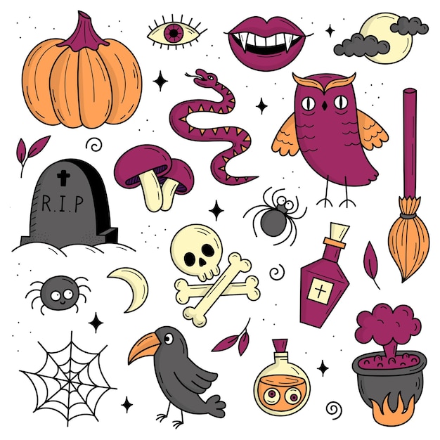 Set von Elementen für Halloween. Mystische gruselige Objekte. Katzen, Kürbisse, Geister, Trank. Illustration im Doodle-Stil
