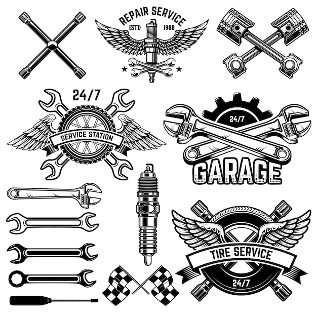 Set von Emblemen und Designelementen der Autowerkstatt. Für Logo, Label, Schild, Banner, T-Shirt, Poster.