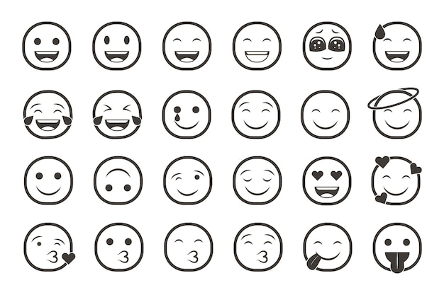 Set von Emoticon-Smiley-Symbolen Cartoon Emoji-Set mit traurigem, glücklichem und flachem Lächeln