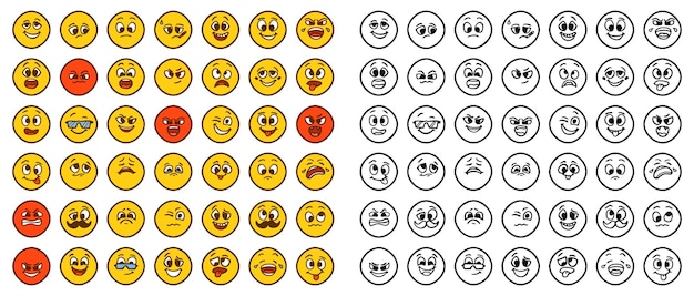 Set von emoticons, die verschiedene emotionen im cartoon-stil zeigen, isoliert auf weißem hintergrund clipart mit lustigen gesichtern