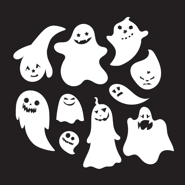 Set von emotionalen Halloween-Geistern auf schwarzem Hintergrund isoliert
