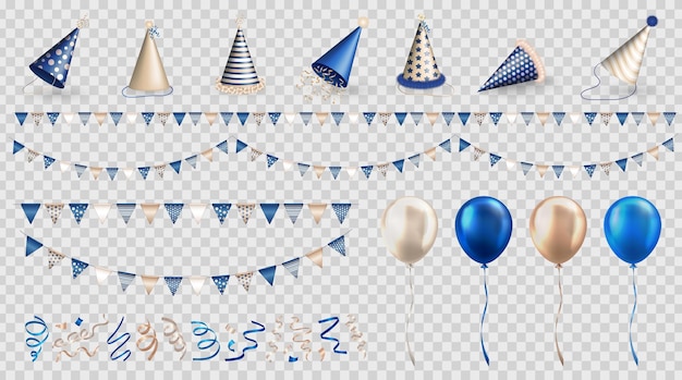 Set von festlichen Dekorationen 3D-Balloons Party-Hüte Streamer Konfetti und farbenfrohe Buntings