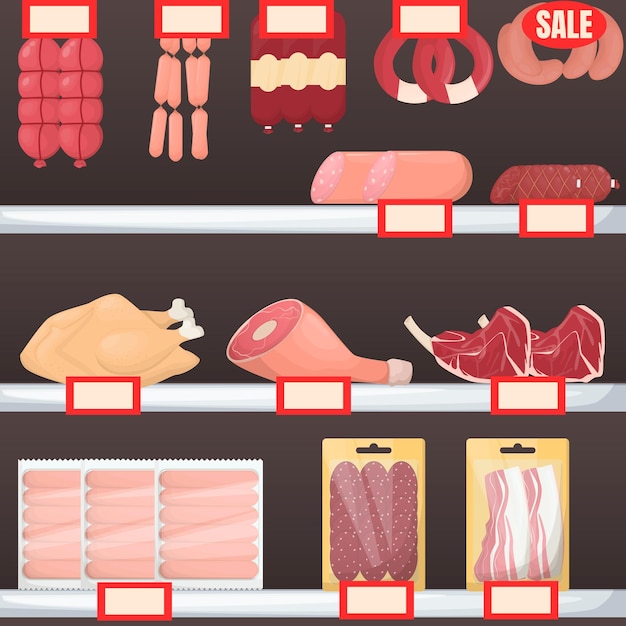 Set von fleischprodukten in den supermarktregalen sausge chiken speck schinken und rindfleisch cartoon-vektor