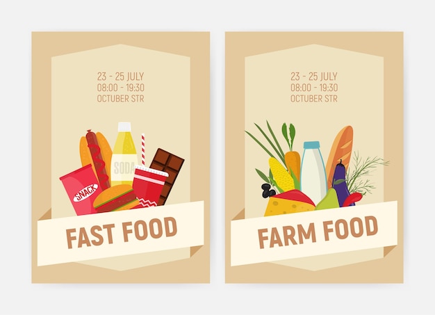 Set von flyer- oder postervorlagen für landwirtschaftliche und fast-food-produkte, die mit obst, gemüse, snacks, getränken, tagebuchprodukten dekoriert sind. farbige flache vektorillustration für werbung, werbung