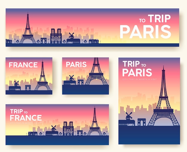 Set von Frankreich Landschaftsland Ornament Reisetour. Kultur traditionell, Flyer, Magazin, Plakat.