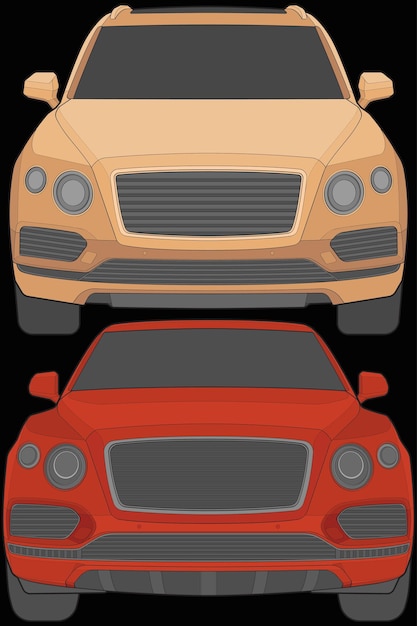Vektor set von frontansicht vektor-illustration von isolierter highlight-farbwagen auf schwarzem hintergrund fahrzeug im flachen cartoon-stil
