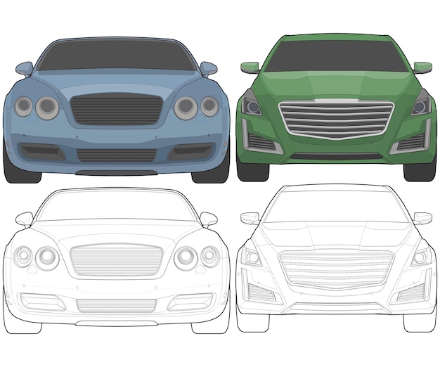 Set von frontansicht vektor-illustration von isolierter highlight-farbwagen auf weißem hintergrund fahrzeug im flachen cartoon-stil
