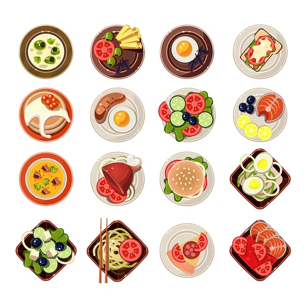 Set von Gerichten mit verschiedenen Lebensmitteln