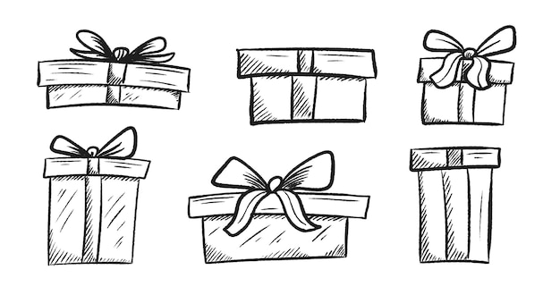 Set von geschenkboxen zum feiern im handzeichnungs- und skizzenstil