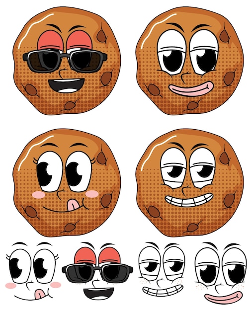 Set von Gesichtsausdruck im Vintage-Stil Cartoon mit Plätzchen auf wh