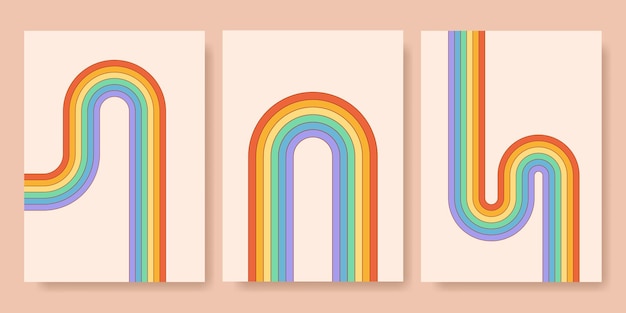 Set von gestreiften retro-hippie-lgbt-postern schwule und lesbische abstrakte groovige symbole in regenbogenfarben