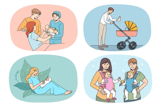 Set von glücklichen jungen eltern mit kleinkindern, die sich für elternschaft begeistern sammlung von lächelnden liebevollen mutter und vater mit kleinen neugeborenen kindern familie wachsende elternschaft vektor-illustration