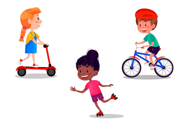 Vektor set von glücklichen kindern, die schlittschuhe, rollen, roller und fahrrad reiten. sommerferien outdoor-aktivitäten für kinder. illustration auf weißem isoliertem hintergrund.