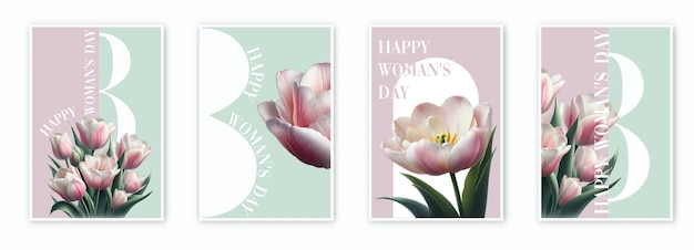 Set von glücklicher frauentag-grüßkarte 8. märz urlaubsplakat mit schriftdesign und tulpenblume.