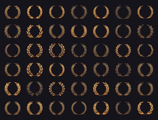 Set von goldenen Lorbeerkränzen Lorbeerzweige Rahmenkollektion