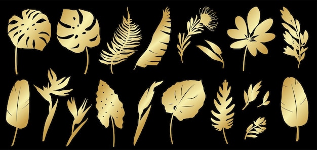 Set von goldenen silhouetten von tropischen blättern palmen pflanzen blumen bananenpflanzen monstera