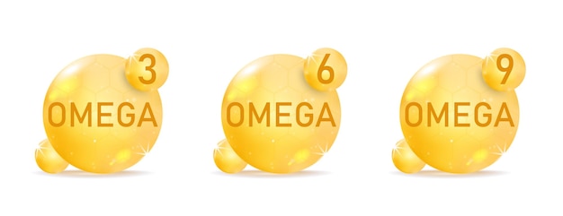 Vektor set von goldtropfen-icons omega 3, 6, 9