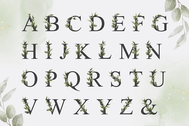 Set von Greenery Aquarell Blumenalphabet mit handgezeichneten Blättern