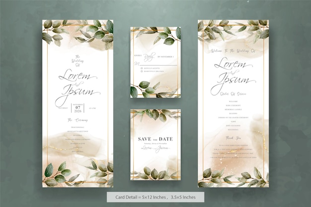 Set von greenery hochzeitseinladungen mit sechseckigem laubrahmen