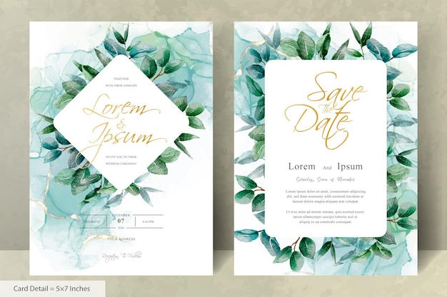 Set von greenery hochzeitseinladungen mit sechseckigem laubrahmen