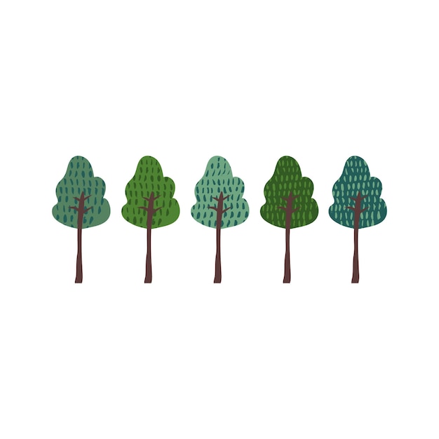 Set von grünen bäumen doodle-zeichnung. minimales konzept für nachhaltiges leben, öko-wald. süße pflanzen mit textur. handgezeichnete flache vektorillustration im cartoon-stil isoliert auf weißem hintergrund