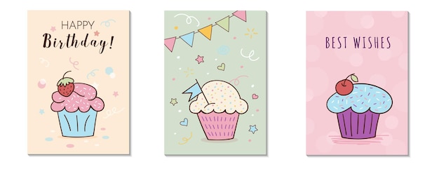 Vektor set von grußkarten mit köstlichem cupcake-muffin und einer handgezeichneten inschrift im doodle-stil