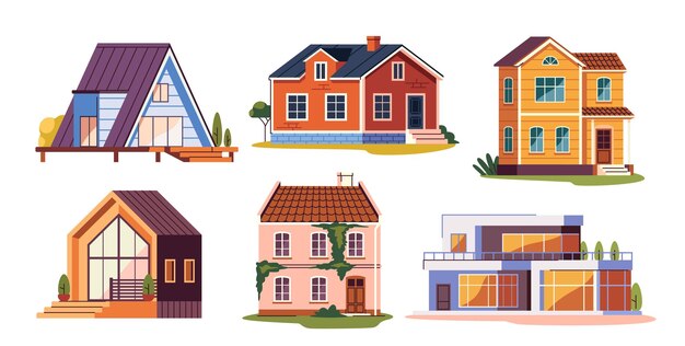 Vektor set von häusern illustrationen mit modernen hütten oder townhouses miete oder hypothek von immobilien