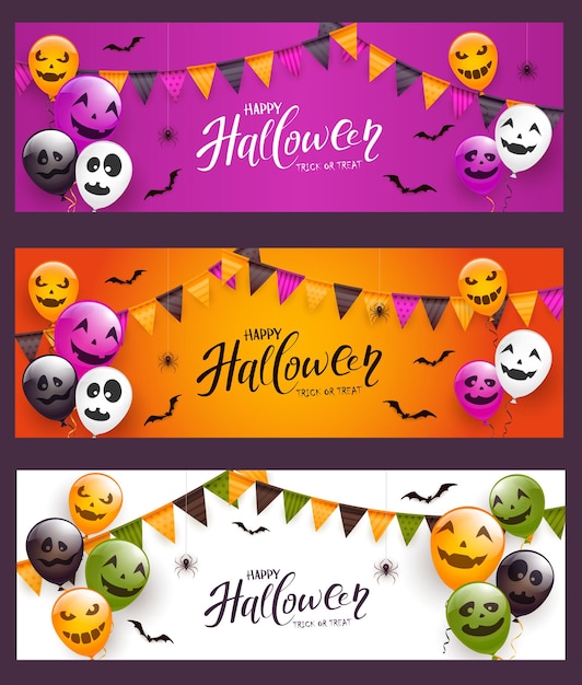 Vektor set von halloween-bannern mit feiertagsballons und wimpel