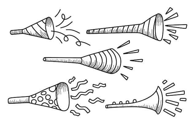 Vektor set von handgezeichnetem trompetenparty-doodle.