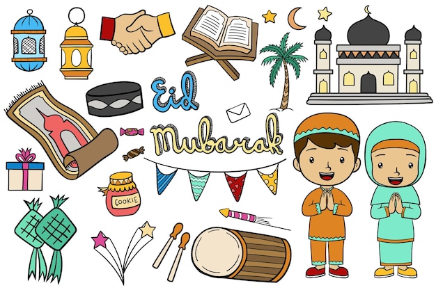 Set von handgezeichneten cartoons eid al fitr