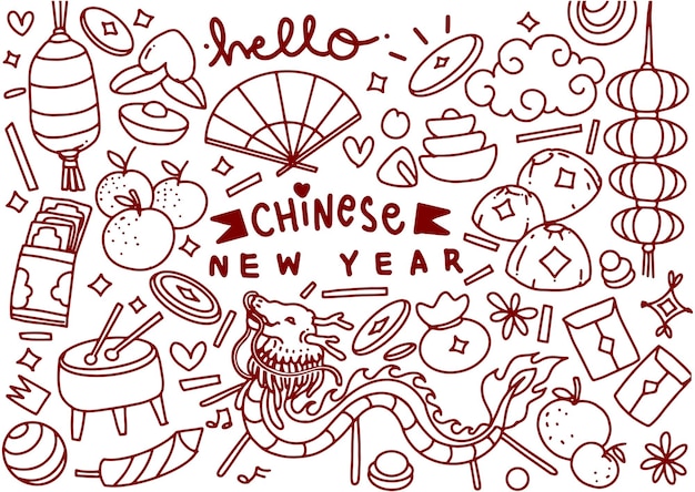 Set von handgezeichneten chinesischen neujahrs-doodles jahr des drachen