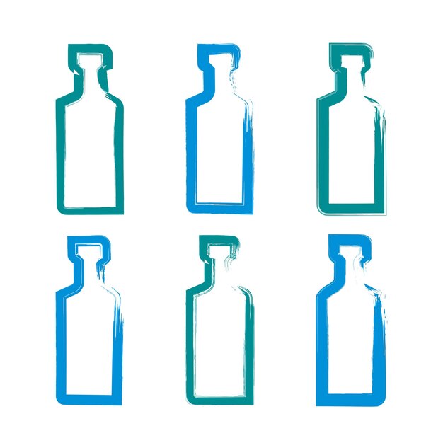 Set von handgezeichneten einfachen leeren Tequila-Flaschen, Sammlung von Flaschensymbolen mit Pinselzeichnung, handgemalte Silhouette von Whiskyflaschen einzeln auf weißem Hintergrund.