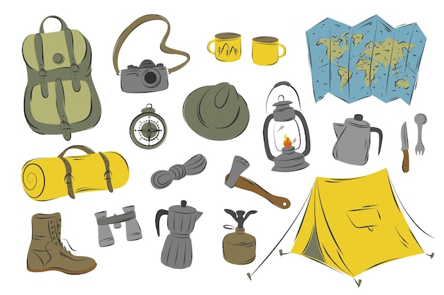 Set von handgezeichneten Einrichtungen für Tourismus und Campingausrüstung Vorbereitung für Wandertour