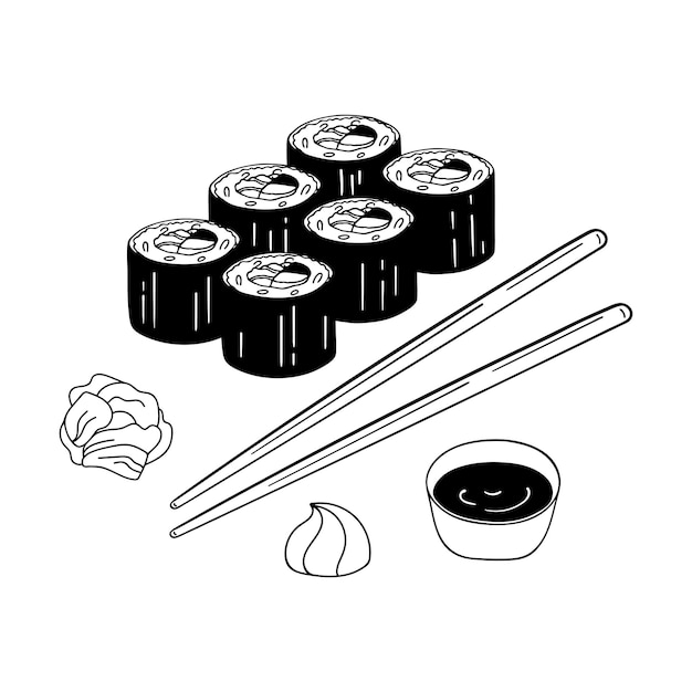 Vektor set von handgezeichneten futomaki mit wasabi, ingwer und soße. traditionelle japanische lebensmittelillustration