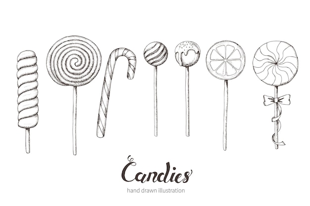 Set von handgezeichneten lutschern süßigkeiten wüstenmenü beschriftungsskizze vektordesign