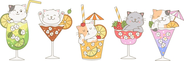 Vektor set von handgezeichneten, niedlichen katzencocktail-illustrationsdesigns für das sommerpaket im einfachen cartoon-stil