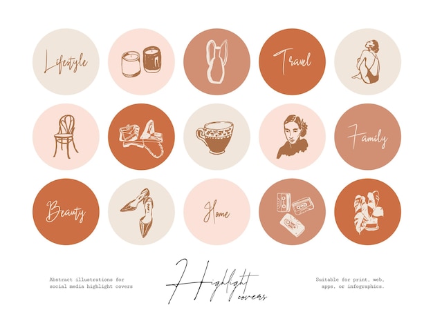 Set von handgezeichneten strichzeichnungen für kosmetik und schönheitsillustrationen für social-media-highlight-cover