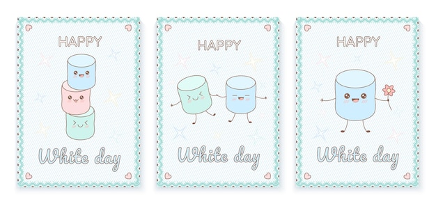 Vektor set von happy white day grußkartenvorlagen mit kawaii marshmallow in pastellfarbe