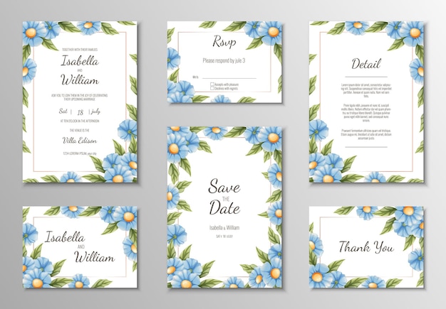 Set von Hochzeitsvorlagen Banner Einladungen für den Urlaub Schöne Postkartendekoration mit blauer Blume