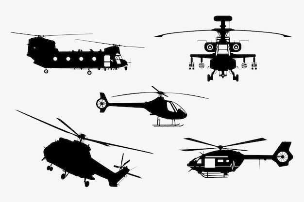 Set von Hubschrauber-Silhouetten, Kampf, Suche und Rettung, Apache, Fracht, Luftambulanz-Hubschrauber.