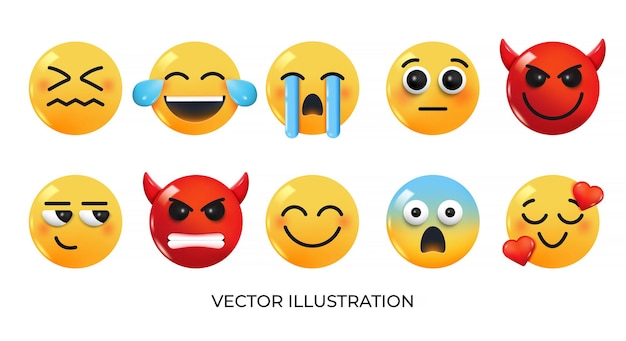 Vektor set von iemoji-symbolen, realistisches gelbes, glänzendes 3d-emoticons-gesicht zu verschiedenen themen, pack 2, vektor-3d-illustration