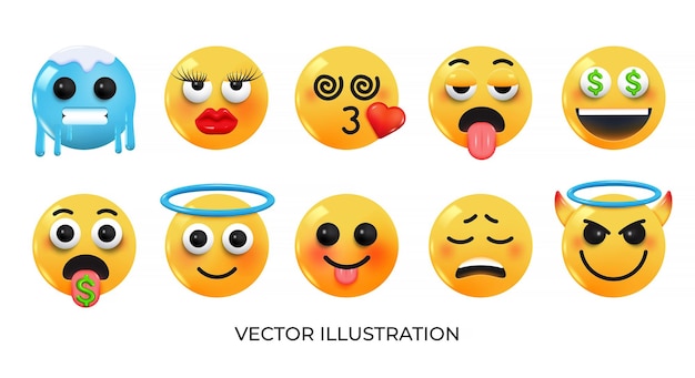 Vektor set von iemoji-symbolen, realistisches gelbes, glänzendes 3d-emoticons-gesicht zu verschiedenen themen, paket 4, vektor-3d-illustration