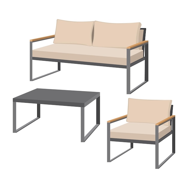 Set von Illustrationen für Stühle und Tische im Innenraum